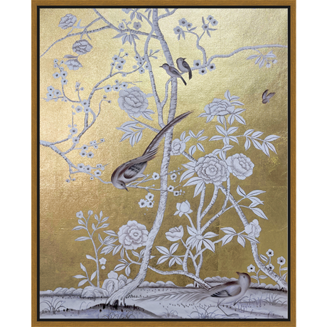EAHPC24078 - FLORAL AND BIRDS ON GOLD IV framed floating in a contemporary gold frame. Finished Size: W 24.00 in x H 30.00 in