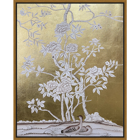 EAHPC24086 - FLORAL AND BIRDS ON GOLD V framed floating in a contemporary gold frame. Finished Size: W 24.00 in x H 30.00 in