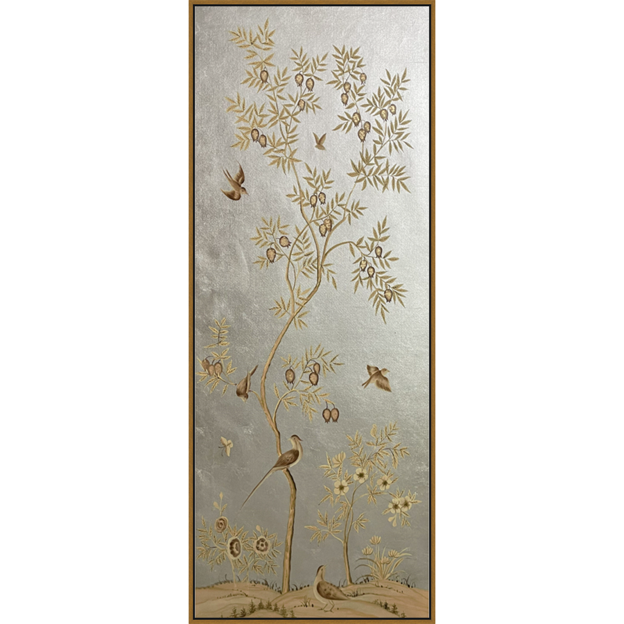 EAHPC24117A - FLORAL AND BIRDS ON SILVER I framed floating in a contemporary gold frame. Finished Size: W 30.00 in x H 84.00 in