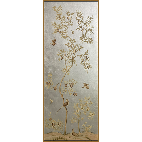 EAHPC24117A - FLORAL AND BIRDS ON SILVER I framed floating in a contemporary gold frame. Finished Size: W 30.00 in x H 84.00 in
