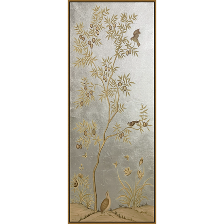 EAHPC24117B - FLORAL AND BIRDS ON SILVER II framed floating in a contemporary gold frame. Finished Size: W 30.00 in x H 84.00 in