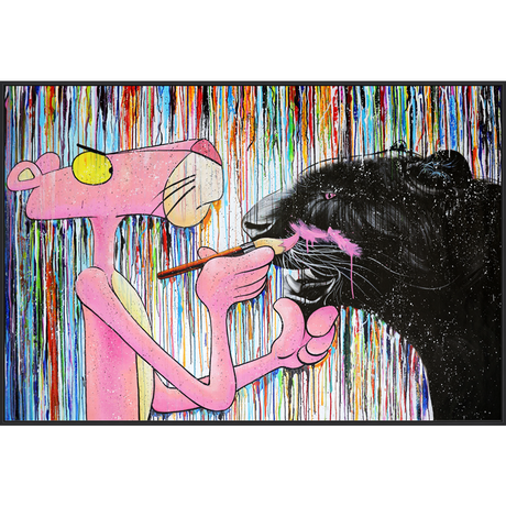 EAHPC24207 - TWO PANTHERS framed floating in a contemporary black frame. Finished Size: W 80.00 in x H 54.00 in