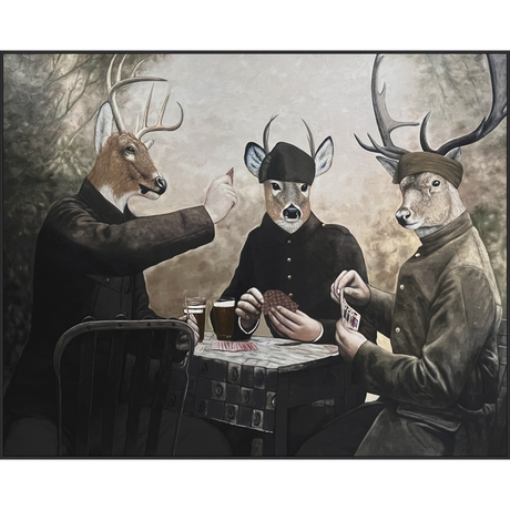 EAHPC24210 - POKER IN THE WOODS framed floating in a contemporary black frame. Finished Size: W 120.00 in x H 96.00 in