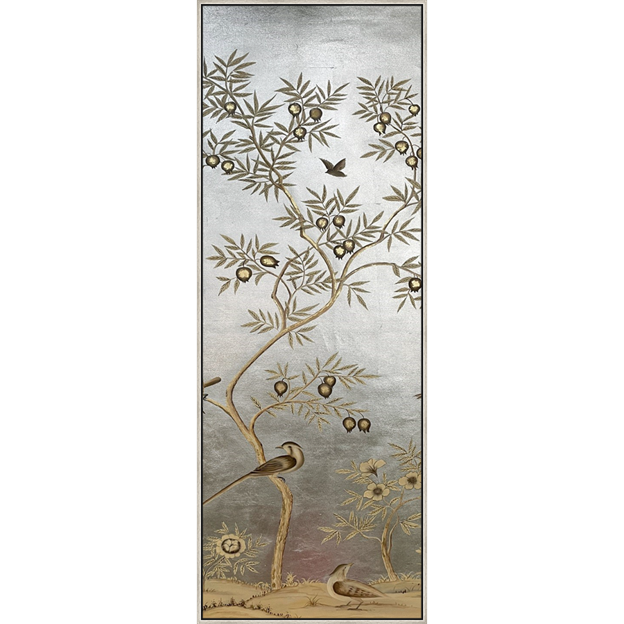 EAHPC24213 - FLORAL AND BIRDS ON SILVER III framed floating in a contemporary silver frame. Finished Size: W 50.00 in x H 84.00 in