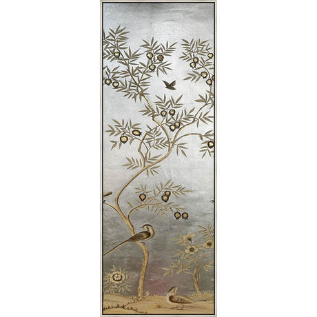 EAHPC24213 - FLORAL AND BIRDS ON SILVER III framed floating in a contemporary silver frame. Finished Size: W 50.00 in x H 84.00 in