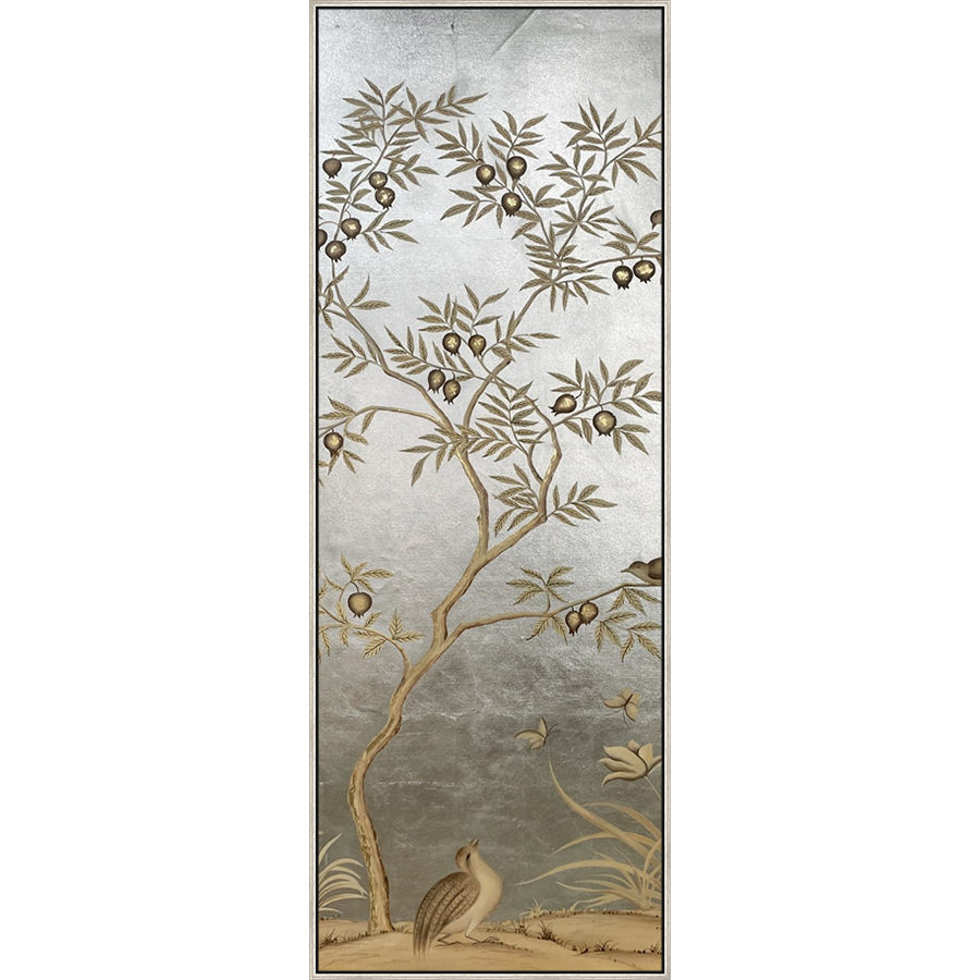 EAHPC24214 - FLORAL AND BIRDS ON SILVER IV framed floating in a contemporary silver frame. Finished Size: W 50.00 in x H 84.00 in