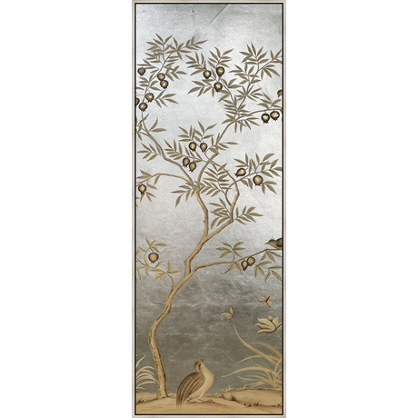 EAHPC24214 - FLORAL AND BIRDS ON SILVER IV framed floating in a contemporary silver frame. Finished Size: W 50.00 in x H 84.00 in