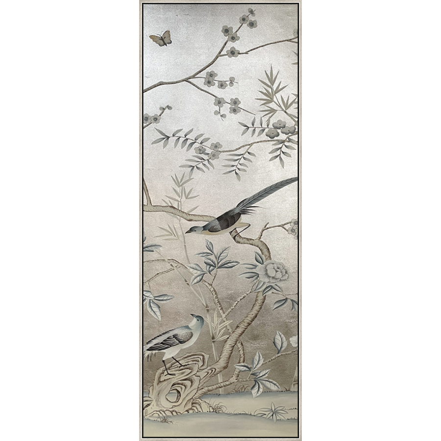 EAHPC24215 - FLORAL AND BIRDS ON SILVER V framed floating in a contemporary silver frame. Finished Size: W 50.00 in x H 84.00 in