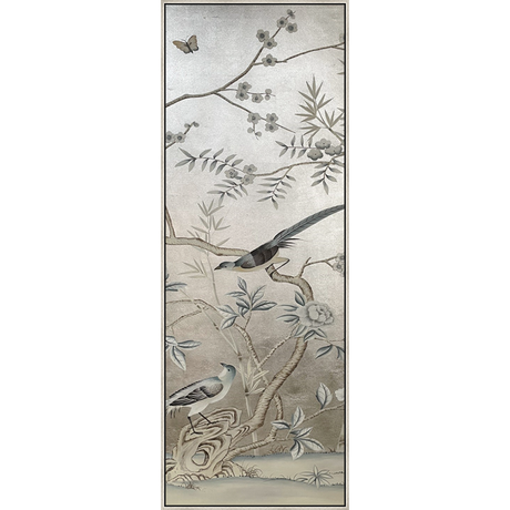 EAHPC24215 - FLORAL AND BIRDS ON SILVER V framed floating in a contemporary silver frame. Finished Size: W 50.00 in x H 84.00 in