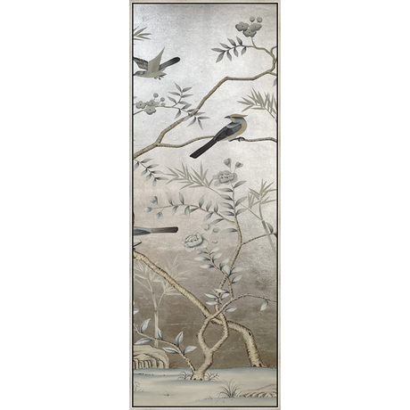 EAHPC24216 - FLORAL AND BIRDS ON SILVER VI framed floating in a contemporary silver frame. Finished Size: W 50.00 in x H 84.00 in