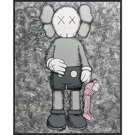 EAHPC24221 - PINK PLUSH TOY framed floating in a contemporary black frame. Finished Size: W 48.00 in x H 60.00 in