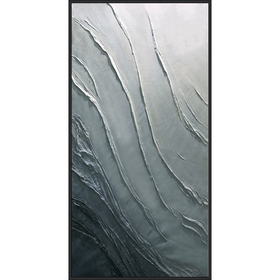 EAHPC24241 - EMBELLISHED SHADES OF GRAY I framed floating in a contemporary black frame. Finished Size: W 35.00 in x H 70.00 in