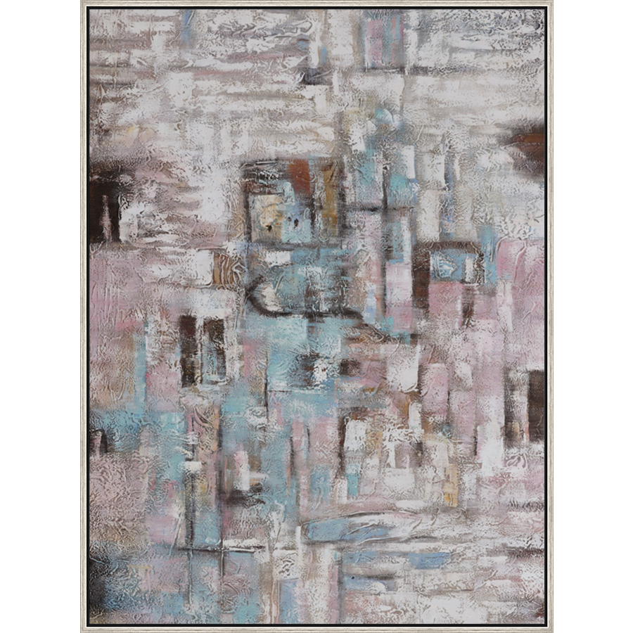 EAHPC24246 - PINK AND AQUA INTERLUDE framed floating in a contemporary silver frame. Finished Size: W 40.00 in x H 54.00 in