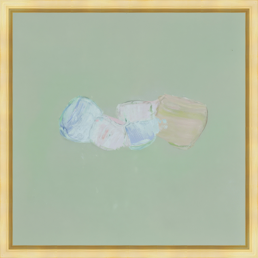 EAHPD10 - COLORS ON LIGHT GREEN DABBLE framed in a gold floater frame. Finished Size: W 20.00 in x H 20.00 in