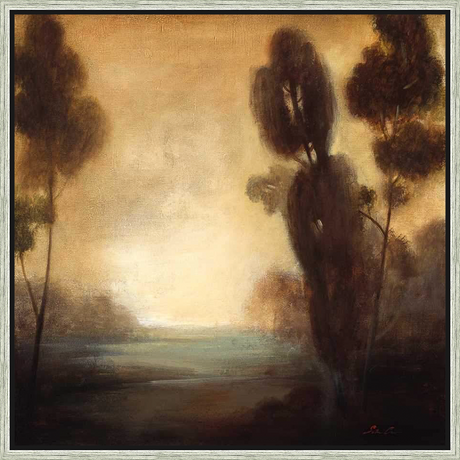 A serene landscape painting showcases a warm, golden sky and silhouette of trees reflected in a body of water. The artwork conveys a sense of tranquility with its soft brushstrokes and subtle color palette, perfect for creating a calming atmosphere in any space.