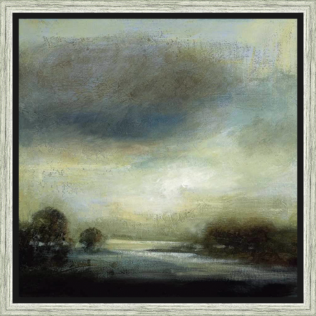 This captivating artwork presents an atmospheric landscape, featuring muted colors and textured brushstrokes that evoke a sense of tranquility and contemplation. The piece skillfully captures the interplay of light and shadow, creating a serene and immersive visual experience.