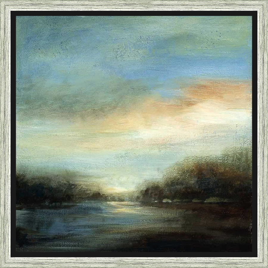 This abstract landscape painting captures the serenity of nature with soft brushstrokes and a subtle color palette. The artwork depicts a tranquil scene of a river or lake, with hints of a distant sky and serene atmosphere. The artwork evokes a feeling of calmness and natural beauty, perfect for adding a touch of elegance to any space.