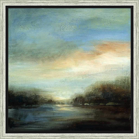 This abstract landscape painting captures the serenity of nature with soft brushstrokes and a subtle color palette. The artwork depicts a tranquil scene of a river or lake, with hints of a distant sky and serene atmosphere. The artwork evokes a feeling of calmness and natural beauty, perfect for adding a touch of elegance to any space.