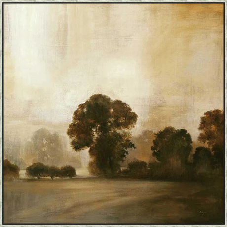 A serene landscape painting evokes a sense of calm and tranquility with its soft brushstrokes and muted color palette. Featuring a hazy background and a foreground of trees, this artwork captures the essence of nature's beauty in a subtle and evocative way.