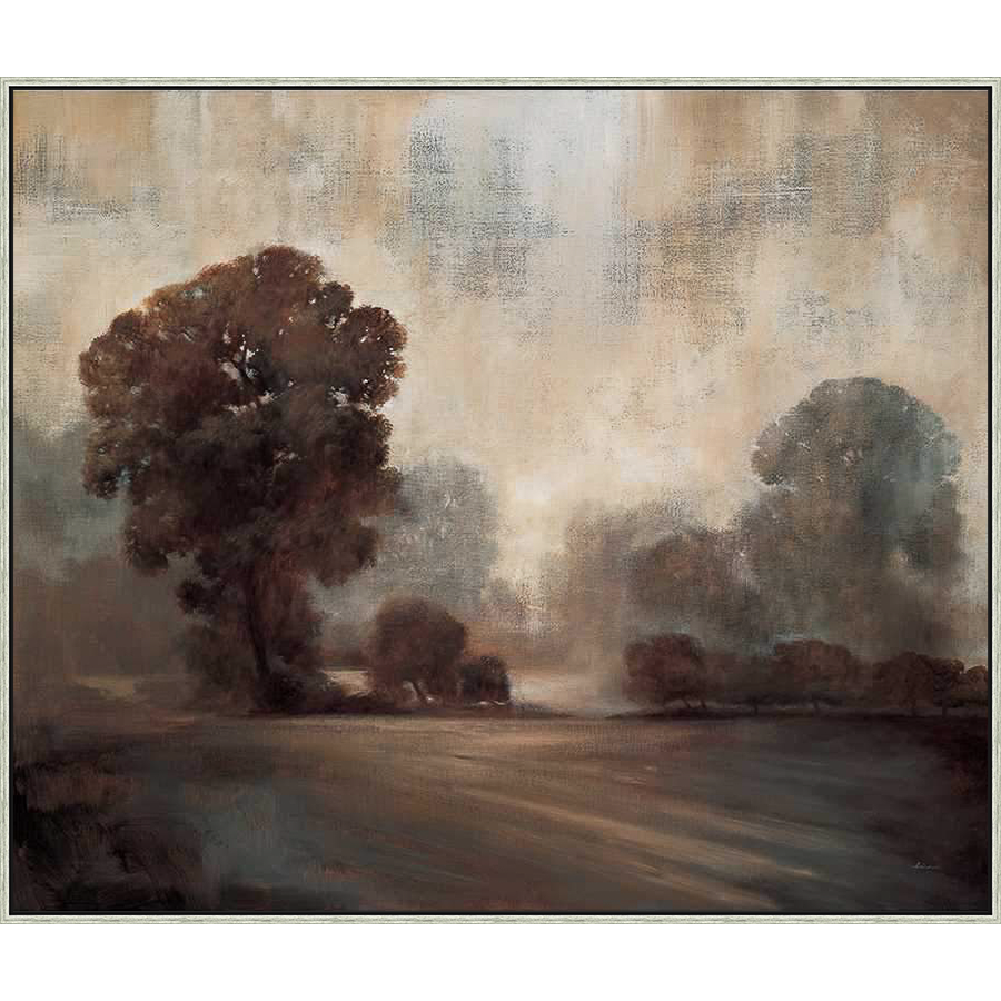 A captivating landscape painting showcasing an atmospheric view of trees at dawn or dusk, with blended hues that create a sense of depth and tranquility. This piece offers a sophisticated touch to any interior space.