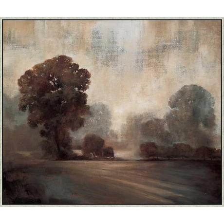 A captivating landscape painting showcasing an atmospheric view of trees at dawn or dusk, with blended hues that create a sense of depth and tranquility. This piece offers a sophisticated touch to any interior space.