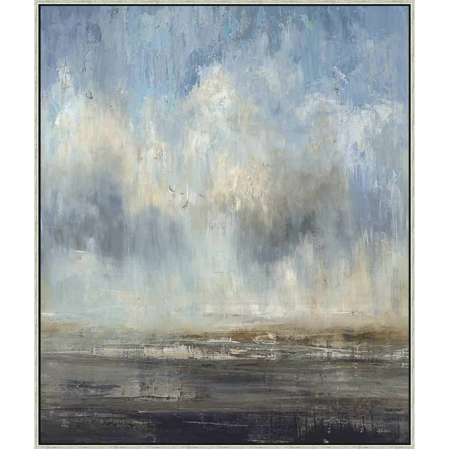 This abstract landscape painting features a serene, cloudy sky over a subtle earth tone horizon. The artwork uses soft brushstrokes and a muted color palette to create a sense of calm and contemplation, ideal for adding a touch of serenity to any living space.