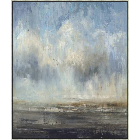 This abstract landscape painting features a serene, cloudy sky over a subtle earth tone horizon. The artwork uses soft brushstrokes and a muted color palette to create a sense of calm and contemplation, ideal for adding a touch of serenity to any living space.