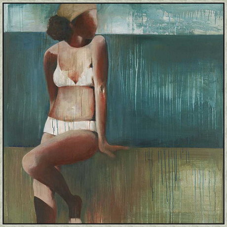 An evocative abstract painting depicting a woman in a white bikini, rendered with muted tones and a dreamy, flowing effect. It evokes a sense of calm and relaxation.