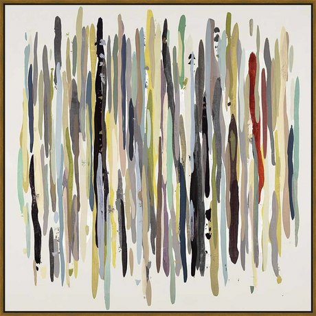A vibrant abstract painting, this artwork features a composition of vertical brushstrokes in a variety of colors, creating a dynamic and textured visual experience. The piece would make a striking statement in any modern interior.