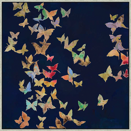 A stunning artwork featuring a swarm of beautifully rendered butterflies in various colors, gracefully dancing against a deep blue background. This piece adds a touch of nature and elegance to any space.