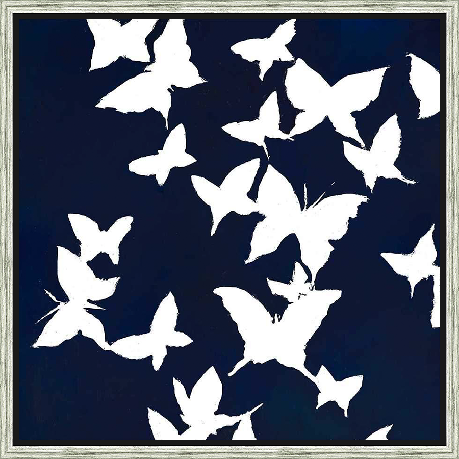 A stunning artwork featuring a swarm of white butterflies against a deep indigo backdrop, bringing a touch of nature and elegance to any space. This piece is perfect for adding a modern flair.