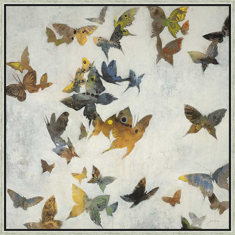 An ethereal painting featuring a flock of butterflies in muted tones. The artwork suggests movement and a sense of delicate beauty, ideal for adding a touch of nature-inspired art to your home.