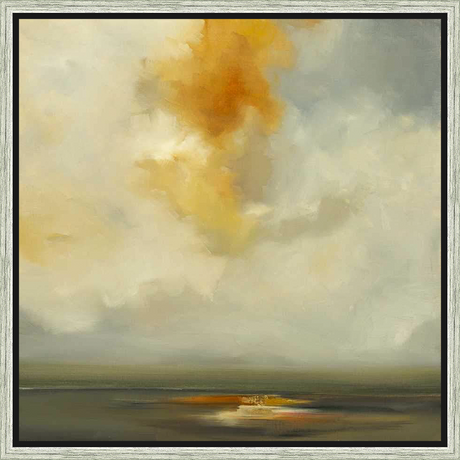 This abstract landscape painting captures a serene atmosphere with its soft brushstrokes and muted color palette. The artwork depicts a hazy sky and a suggestion of a landscape below, rendered in a blend of warm and cool tones. It is a tranquil piece that can complement various decor styles.