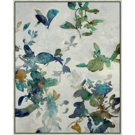 This abstract artwork depicts a serene scene of botanical elements in a soft, muted palette.  Delicate brushstrokes and overlapping shapes create a sense of depth and movement, while a subtle interplay of light and shadow adds to the artwork's ethereal quality.