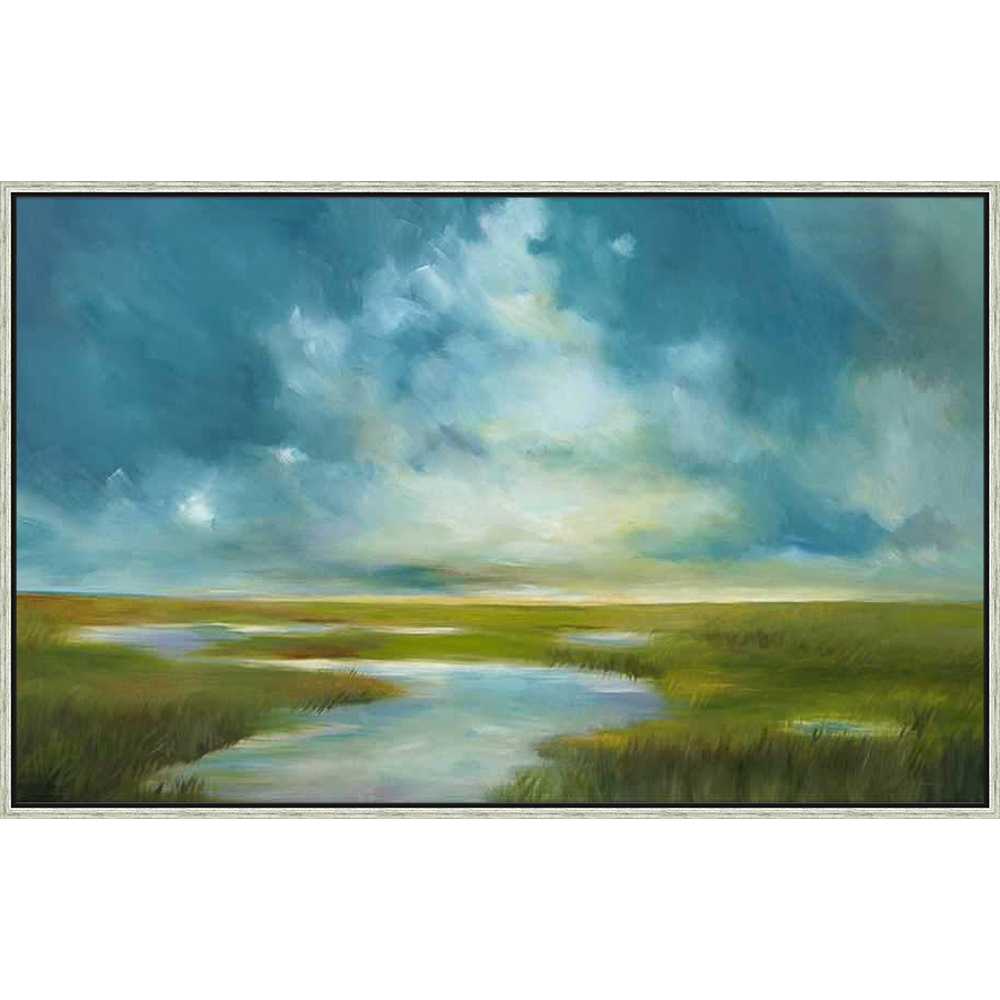 This stunning landscape painting captures the serene beauty of a coastal marsh, where the sky and water blend in a soft, atmospheric haze. The artwork's muted color palette and flowing brushstrokes create a sense of tranquility, making it a perfect accent for any room.