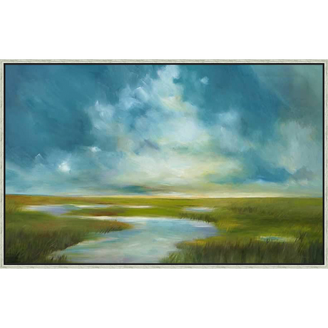 This stunning landscape painting captures the serene beauty of a coastal marsh, where the sky and water blend in a soft, atmospheric haze. The artwork's muted color palette and flowing brushstrokes create a sense of tranquility, making it a perfect accent for any room.