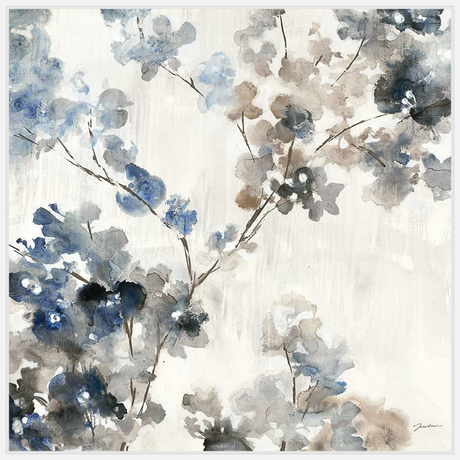 This elegant artwork features a delicate watercolor depiction of flowering branches. Softly rendered blooms in muted tones cascade across the canvas, creating a sense of serenity and natural beauty. The artwork evokes a serene and calming atmosphere.