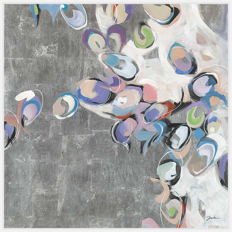 An abstract artwork featuring organic shapes in a soft color palette over a textured metallic background. This piece adds a touch of modern elegance to any space.
