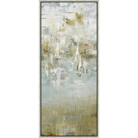 This abstract artwork evokes a serene atmosphere with its textured brushstrokes and muted color palette. The piece features a blend of whites, blues, and earth tones, creating a calming visual experience. Perfect for adding a touch of elegance to any space.