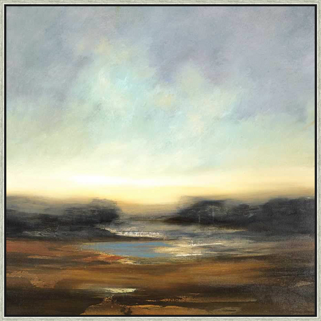 A breathtaking landscape painting captures the serene beauty of a tranquil scene, featuring a blend of abstract elements and soft color palettes. The artwork evokes a sense of calmness, inviting the viewer to immerse themselves in its tranquil atmosphere.