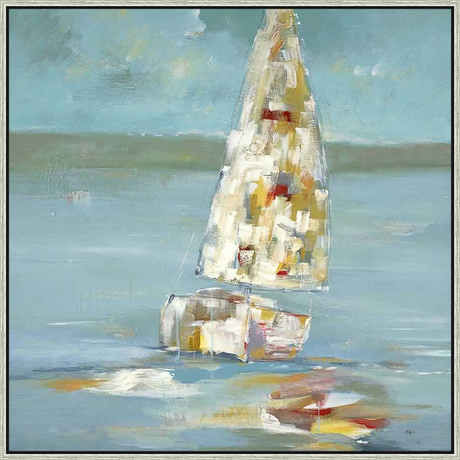 A serene sailboat gracefully sails upon tranquil waters in this abstract artwork. The piece employs a palette of muted colors and expressive brushstrokes to capture a sense of peace and the beauty of the open sea.