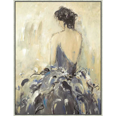 A captivating abstract painting features a woman from the back, adorned in a flowing gown, the artwork's muted tones evoke a sense of grace and introspective reflection.