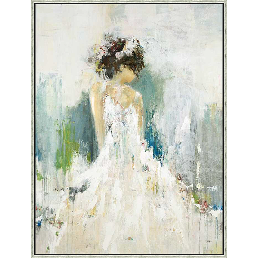 A captivating abstract painting of a woman in a flowing white dress, depicted in expressive brushstrokes. The artwork captures a sense of movement and emotion with its soft color palette and textured details.