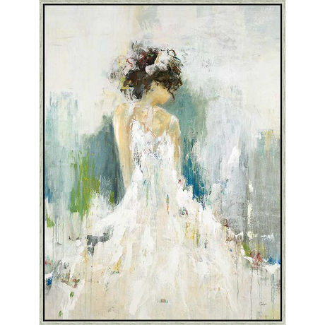 A captivating abstract painting of a woman in a flowing white dress, depicted in expressive brushstrokes. The artwork captures a sense of movement and emotion with its soft color palette and textured details.
