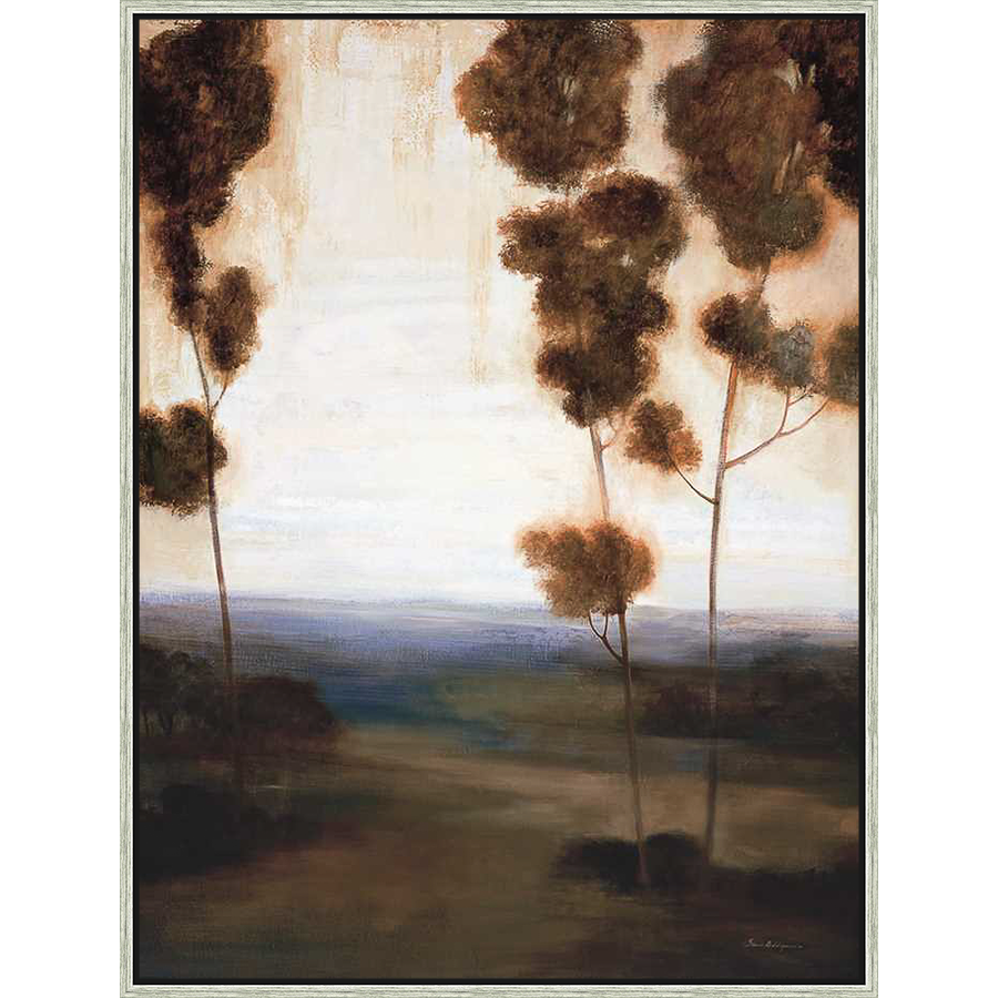 A serene landscape painting evokes a sense of tranquility with its muted tones and stylized trees. This artwork captures a peaceful scene, perfect for adding a touch of nature-inspired elegance to any space.