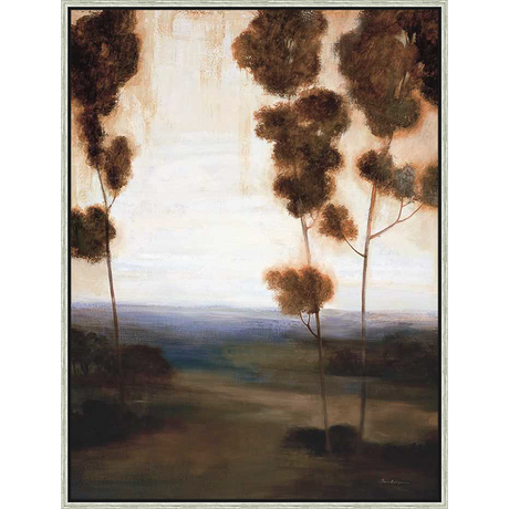 A serene landscape painting evokes a sense of tranquility with its muted tones and stylized trees. This artwork captures a peaceful scene, perfect for adding a touch of nature-inspired elegance to any space.