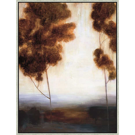 A serene abstract landscape painting, featuring a stylized representation of trees bathed in soft light. The artwork evokes a sense of tranquility, with muted tones and a gentle, blurred aesthetic, perfect for creating a calming atmosphere in any space.