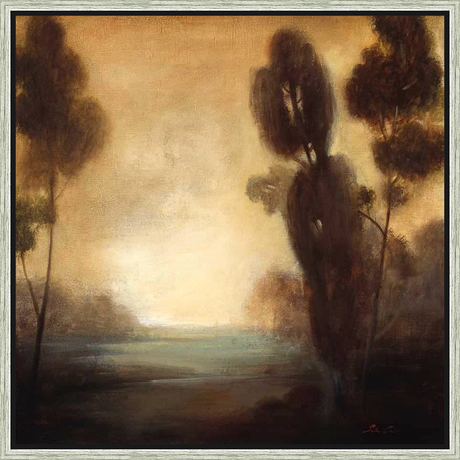 A serene landscape painting evokes a sense of tranquility with its blurred trees, gentle water, and soft, warm tones. This artwork brings a touch of nature's beauty into any space.