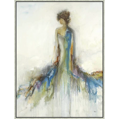 This stunning artwork captures a woman in a flowing gown, depicted with abstract brushstrokes and a serene color palette. The figure is subtly rendered, the focus being on the ethereal quality of the piece and the delicate interplay of light and shadow. It's an elegant addition to any space, exuding a sense of calm and sophistication.
