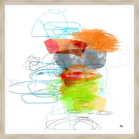 This abstract artwork showcases a dynamic composition of colorful brushstrokes, scribbled lines, and layered textures, creating a sense of movement and energy. The contrasting hues and playful arrangement make it a captivating piece for any modern space.